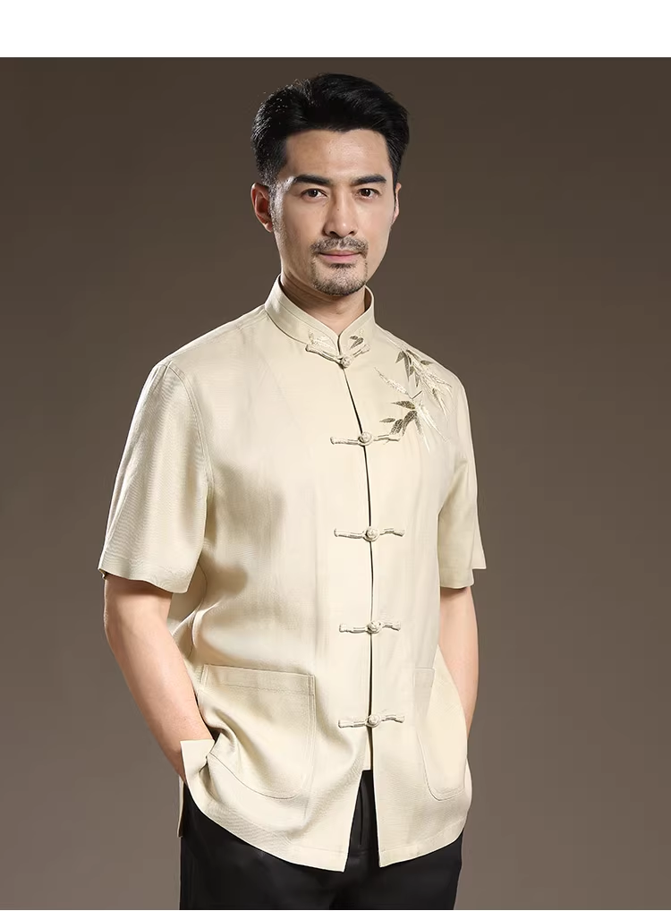 Men's Chinese style Tang suit summer short sleeve middle-aged and elderly standing collar button casual Chinese shirt