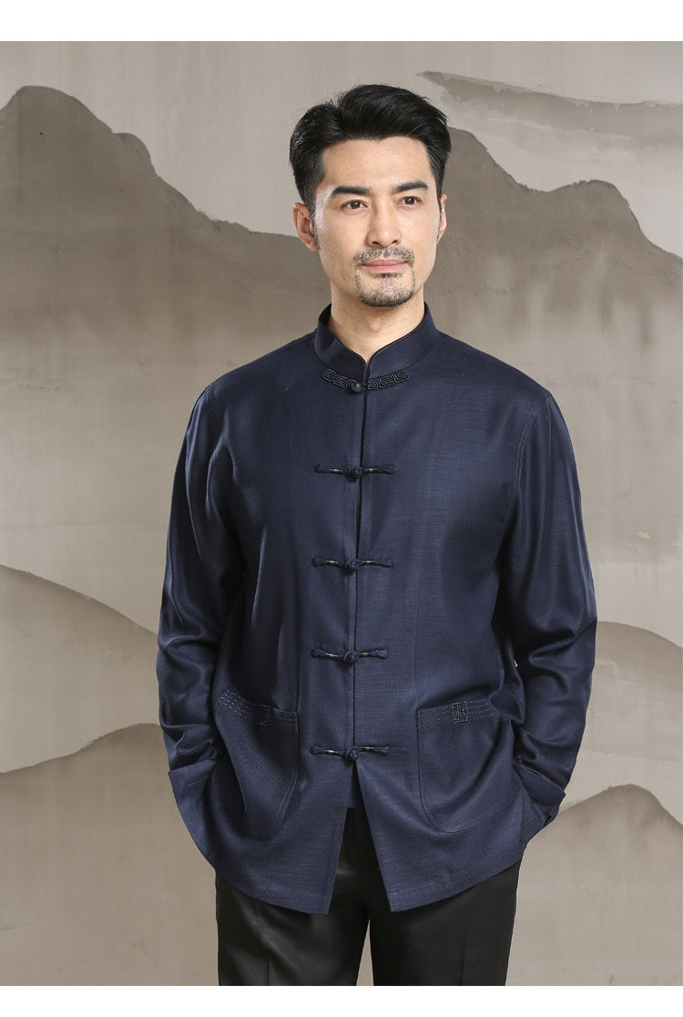 Middle-aged and elderly Tang suit men's long-sleeved loose shirt Chinese standing collar disc buckle casual Chinese style embroidered shirt