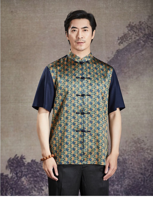 Chinese wind elderly men summer short-sleeved Tang-suit shirt Chinese standing collar button silk blouse