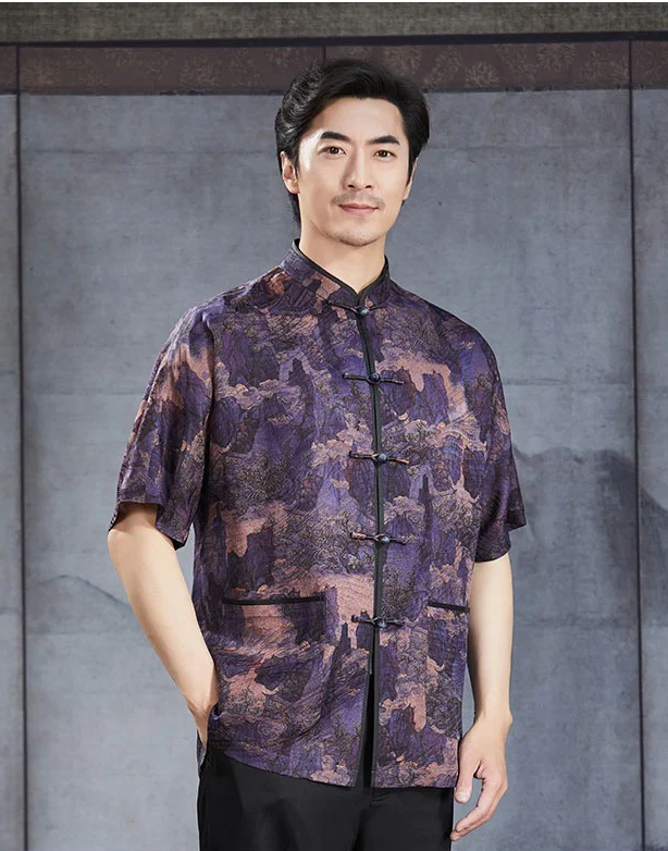 men's Chinese Tang suit  summer short-sleeved shirt Chinese style disc buckle gauze with shoulder sleeve shirt