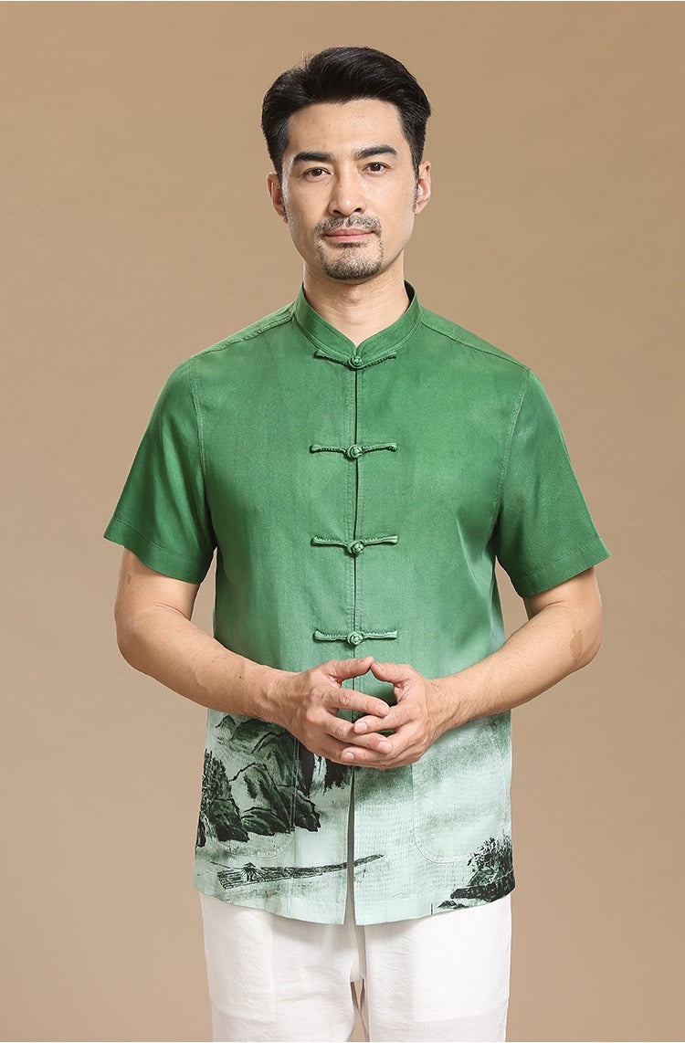 Men's Chinese style Tang suit summer short sleeve casual standing collar button shirt Chinese style