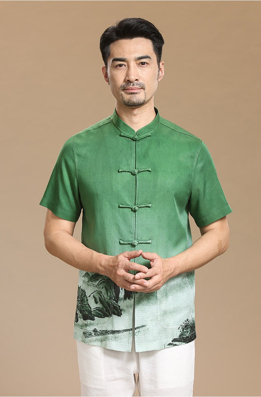 Men's Chinese style Tang suit summer short sleeve casual standing collar button shirt Chinese style