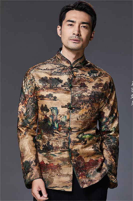 Men's youth slim Chinese plate buckle coat autumn silk gauze stand collar blouse