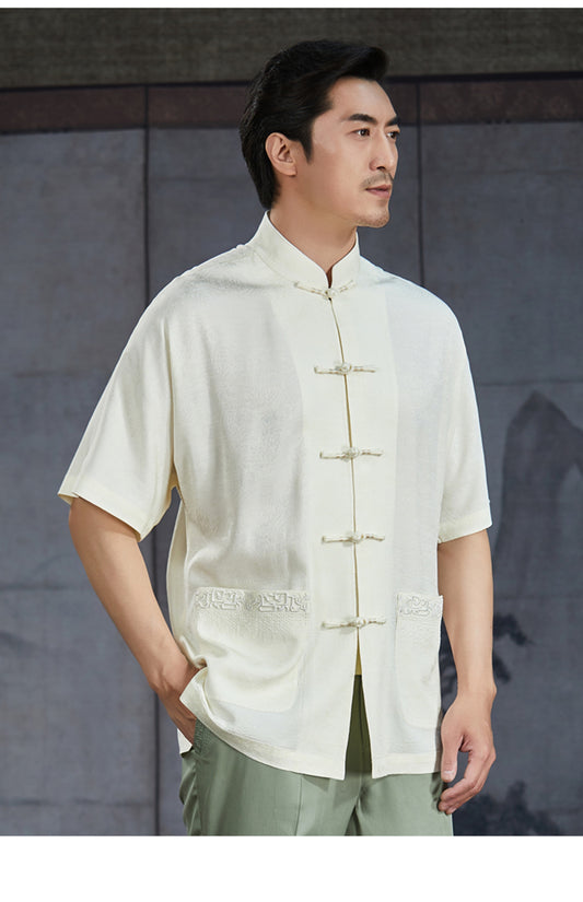 Men's Chinese style stand collar Tang dress short sleeve summer shirt Chinese large size embroidery tray button top