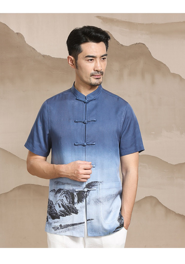 Men's Chinese style Tang suit summer short sleeve casual standing collar button shirt Chinese style