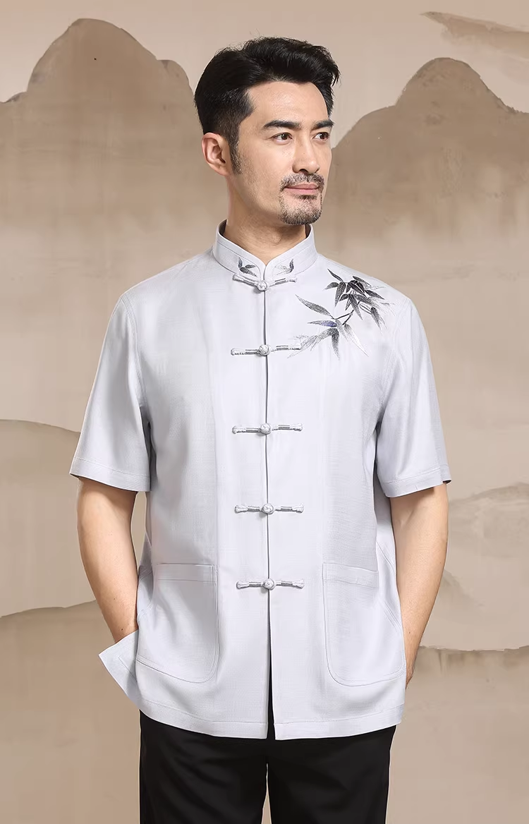 Men's Chinese style Tang suit summer short sleeve middle-aged and elderly standing collar button casual Chinese shirt